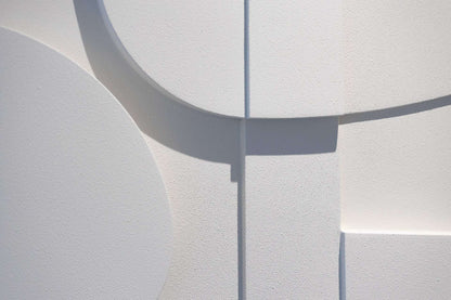 Abstract textured art piece "#2.1 Blanche" with geometric shapes in neutral tones, hand-made from biodegradable PLA.