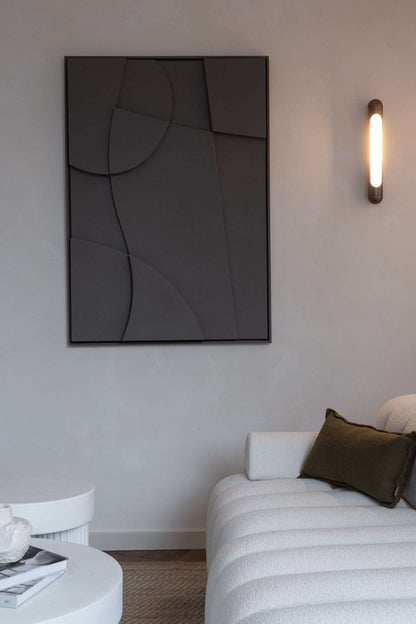 Hand-made abstract art piece '#21.21 Charlie' with sand texture, eco-paint finish, and Certificate of Authenticity displayed in modern interior.