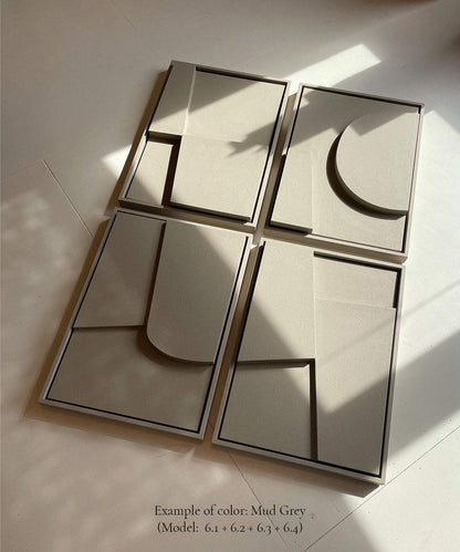 Artworks made from plant-based PLA with sand texture and eco-paint, shown in mud grey color.