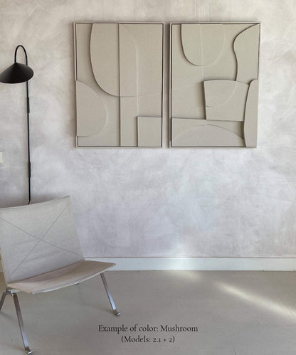 Modern wall art in mushroom color featuring TRIO models 2.1 and 2.2, displayed in a minimalist room with a chair and floor lamp, highlighting handmade, eco-friendly design.