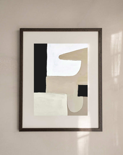 Abstract art print titled 'Gisèle' with beige, black, and white shapes, premium Hahnemühle paper, no frame included.