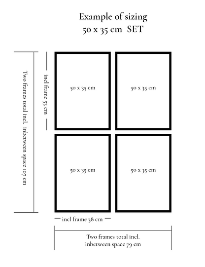 Sizing diagram for Quartet art set, 50x35 cm dimensions, includes total frame measurements.