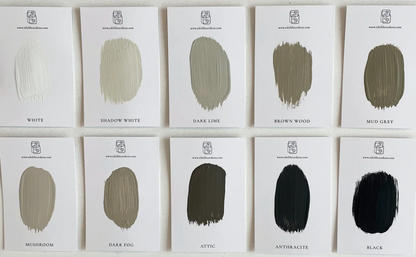 Color swatch cards featuring paint samples labeled White, Shadow White, Dark Lime, Brown Wood, Mud Grey, Mushroom, Dark Fog, Attic, Anthracite, and Black.