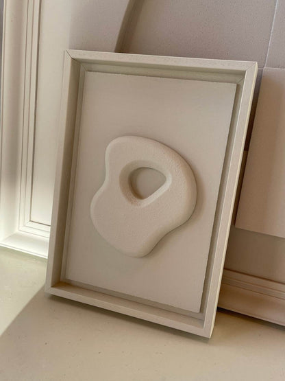 Exclusive Organic Stone artwork by Edith Beurskens, shadow white, framed, 30x21 cm.