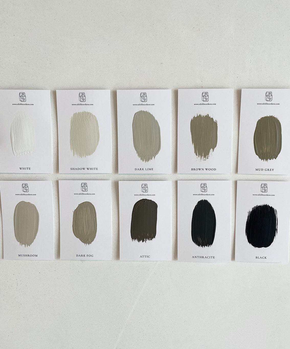 Color swatches for custom order 22.06 Folding, featuring ten shades including white, shadow white, dark lime, brown wood, and black.