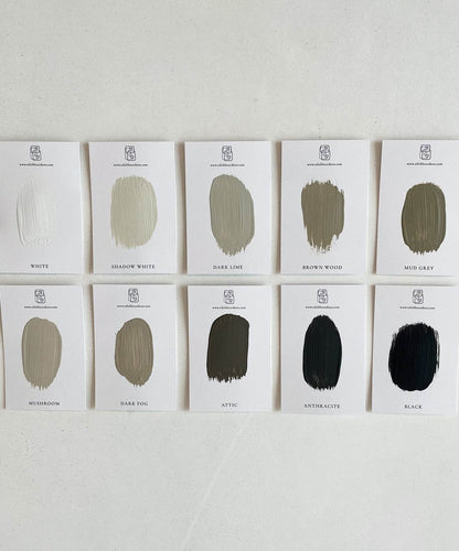 Handmade art piece '#21.13 Mae' color swatches in various shades including whites, greys, and black, customizable via email.