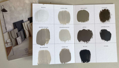 Color palette options for handmade art piece '#21.14 Lewis', featuring shades like white, dark lime, mud grey, and anthracite.