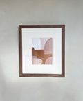 Modern abstract art print titled 'Rosie' in wooden frame, features warm earth tones on premium Hahnemühle paper.