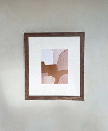 Modern abstract art print titled 'Rosie' in wooden frame, features warm earth tones on premium Hahnemühle paper.