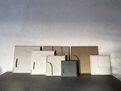 Hand-made 3D art pieces in neutral tones, crafted from plant-based PLA with sand texture and eco-paint finishes.